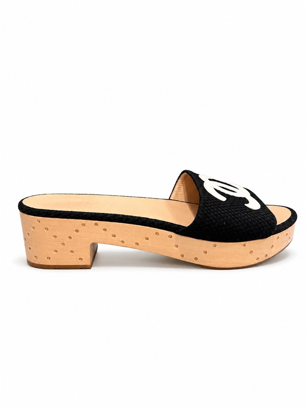 CHANEL Black Slide Mule with White CC Accent Wood Platform Clogs